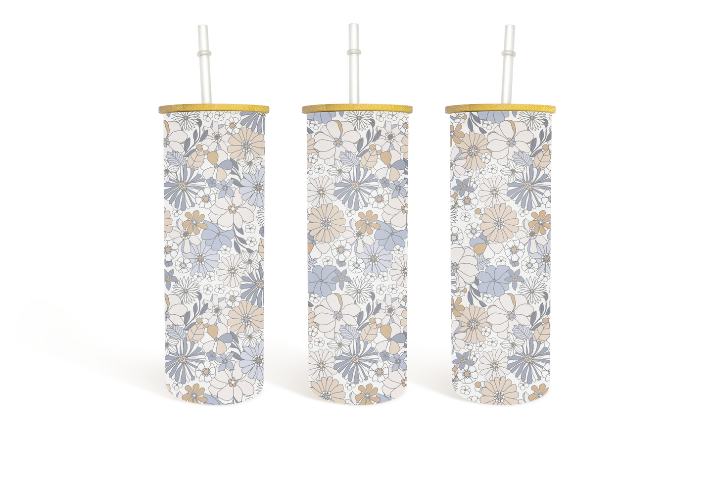 25 oz Blue Floral Glass with Bamboo Lid