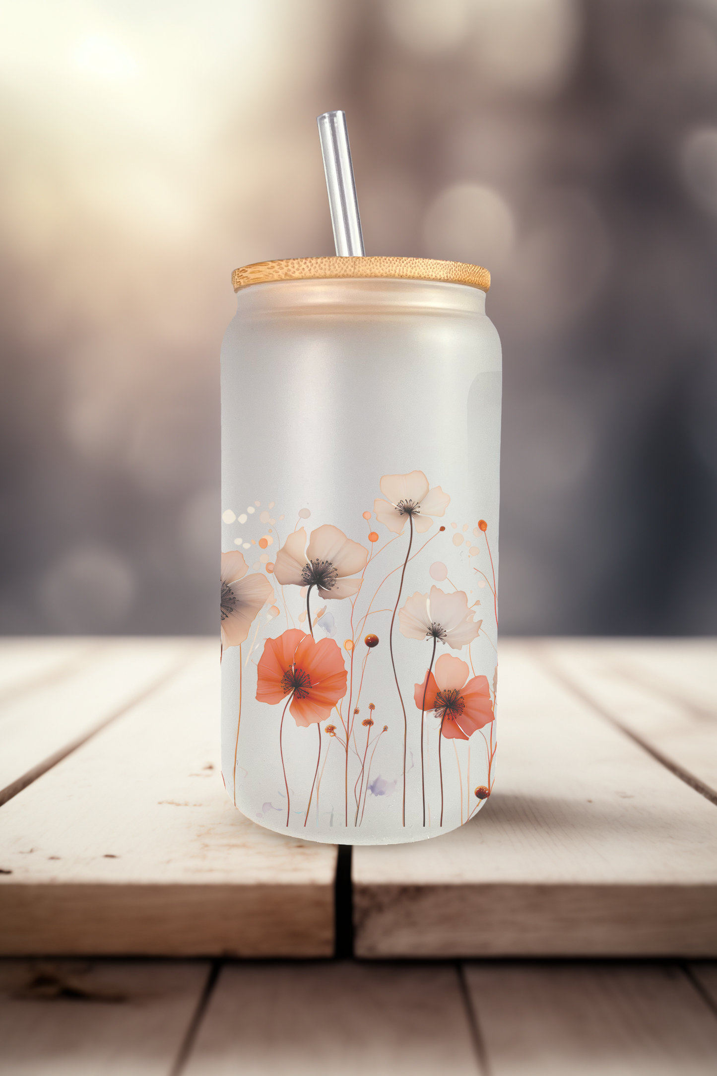 Fall Poppy Can Glass with Bamboo Lid