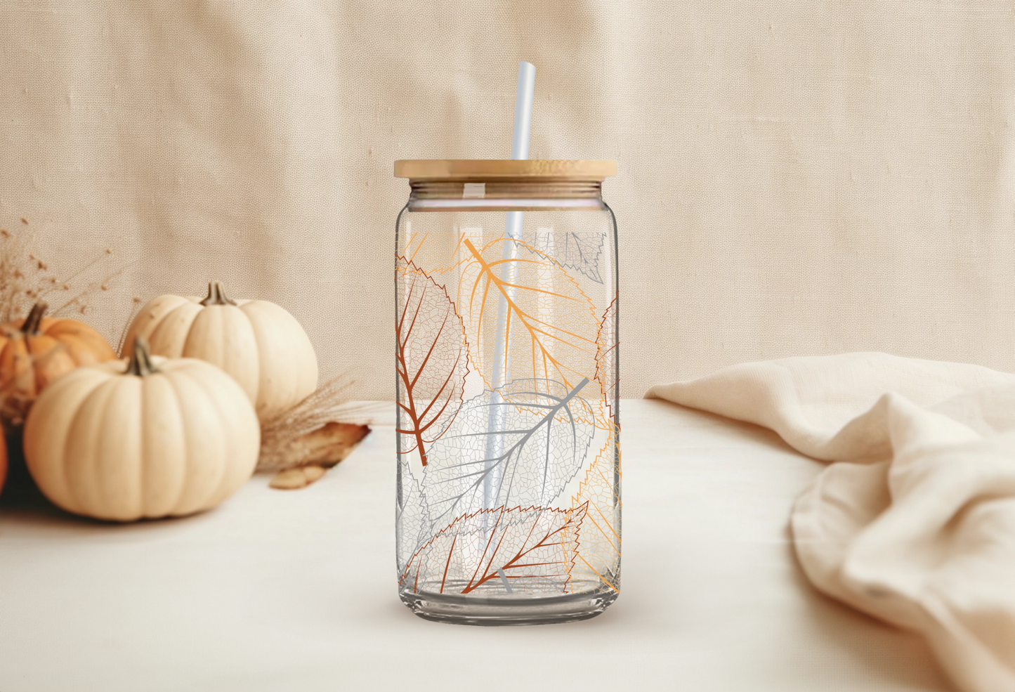Fall Leaves Can Glass- Wholesale