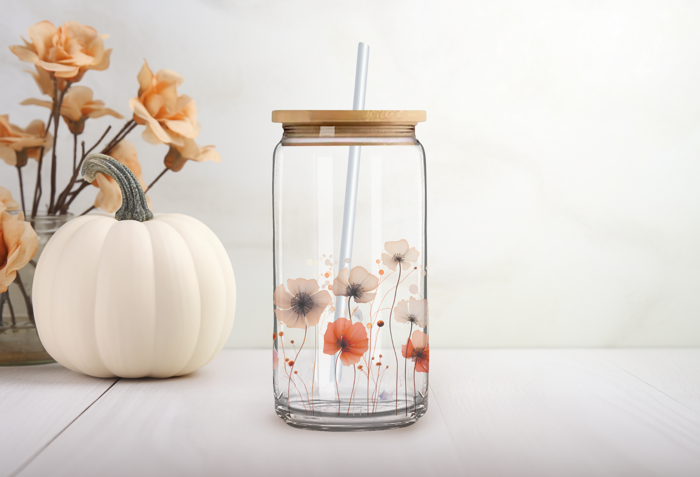 Fall Poppy Can Glass with Bamboo Lid