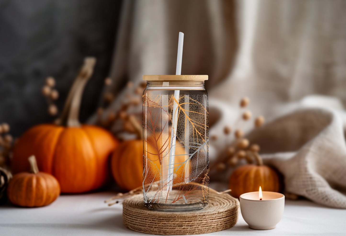 Fall Leaves Can Glass- Wholesale