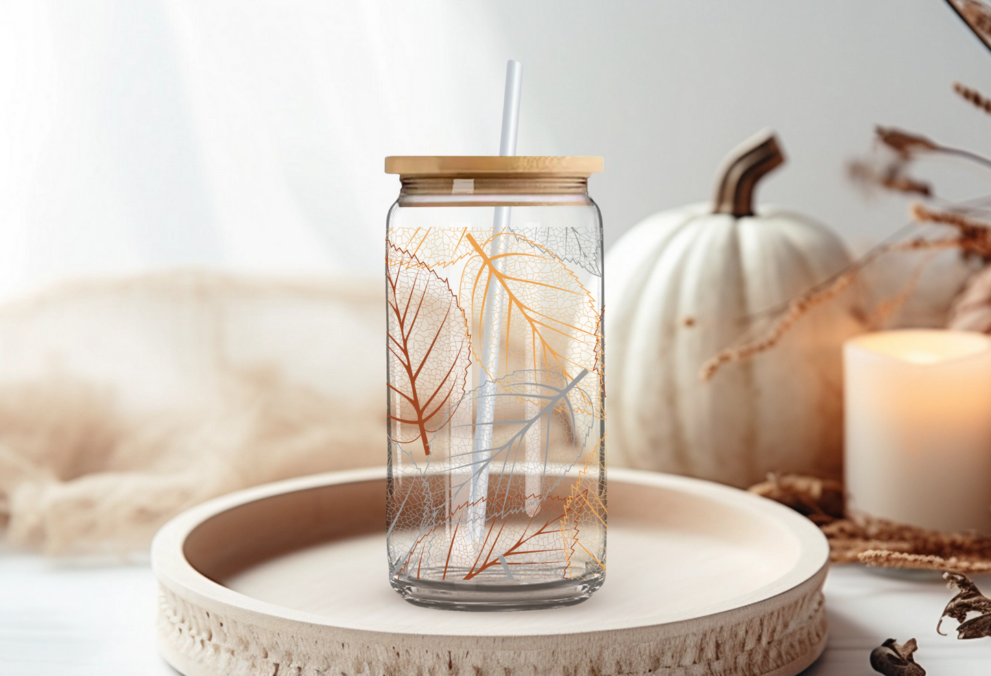 Fall Leaves Can Glass- Wholesale