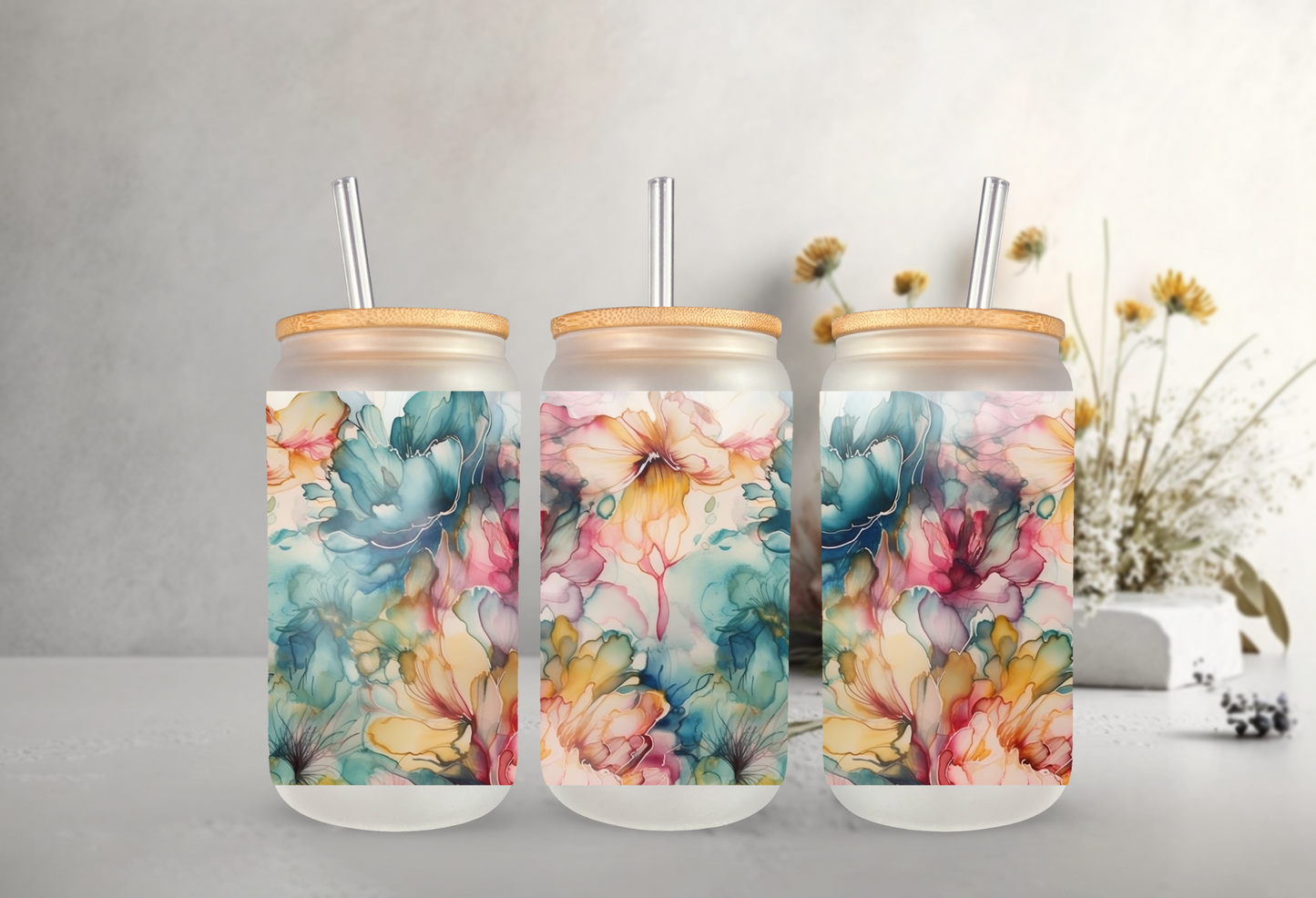 Watercolor Floral Glass Cup - Wholesale