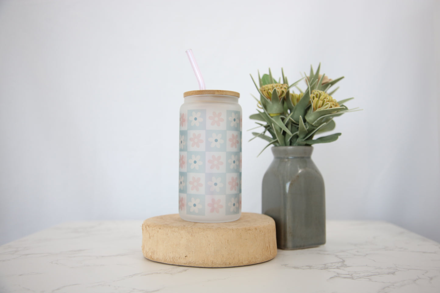 Blue Checkered Floral Glass