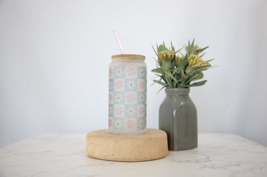 Blue Checkered Floral Glass