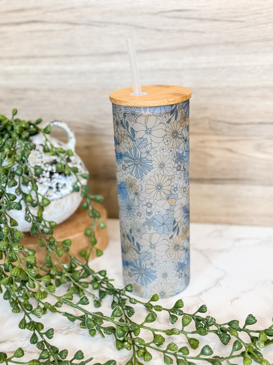 25 oz Blue Floral Glass with Bamboo Lid