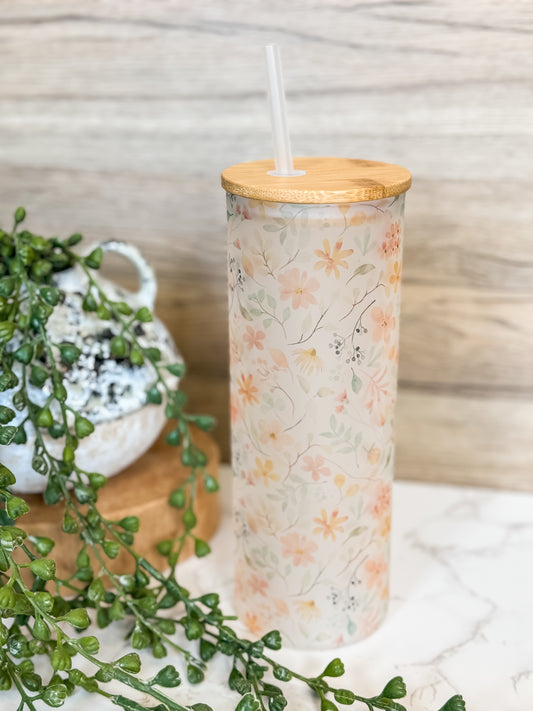 25 oz Peach Floral Glass with Bamboo Lid