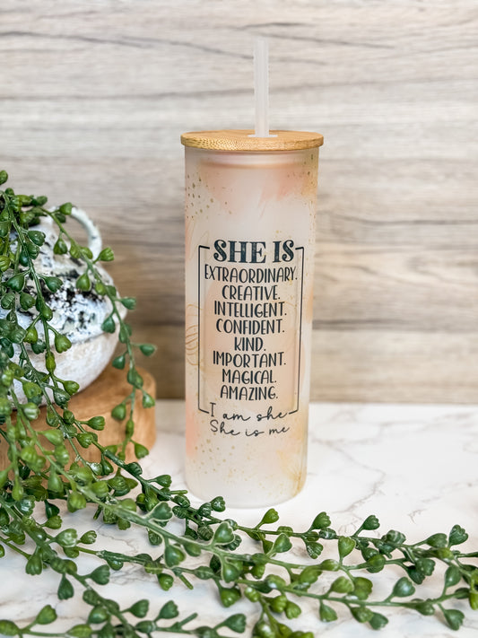 25 oz She Is Glass with Bamboo Lid