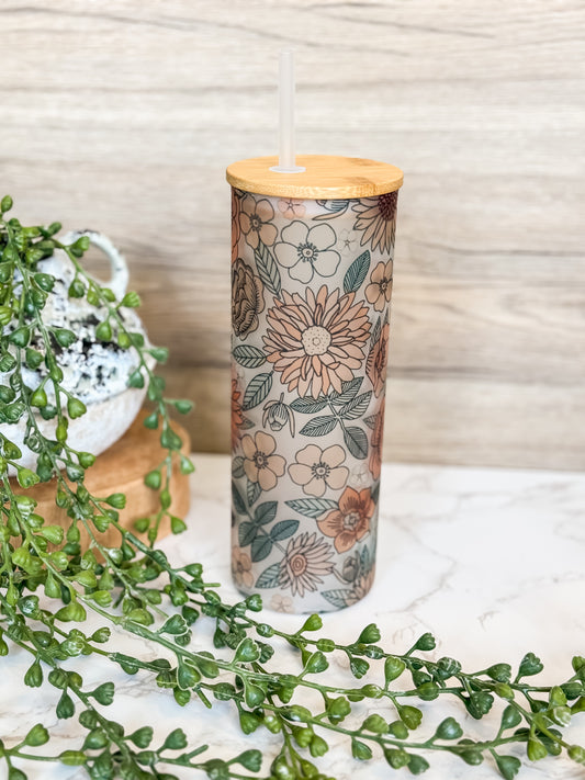 25 oz Dark Floral Glass with Bamboo Lid
